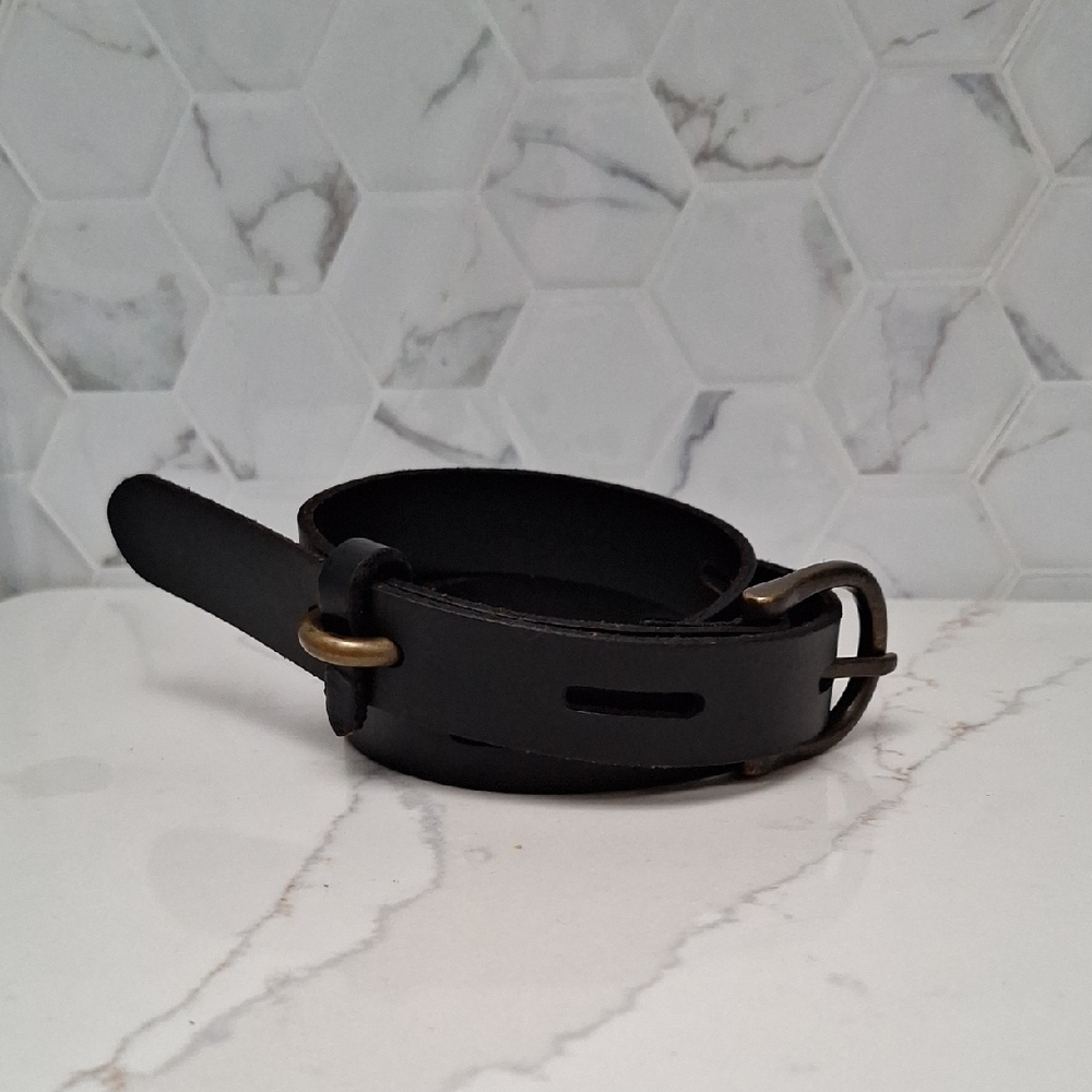 Leather Belt Women S/M Black Skinny Brass Buckle Strap Keeper